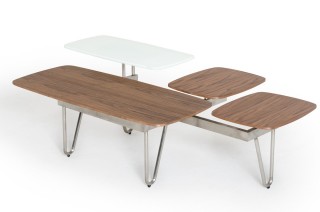 Contemporary Walnut and White Glass Coffee Table with Nickle Legs