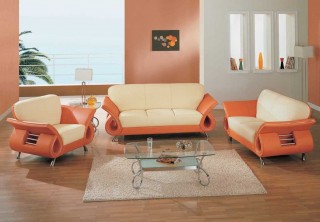 Contemporary Dual Colored or Black Leather Sofa Set w/ Chrome Details