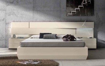 Lacquered Made in Spain Wood Platform and Headboard Bed with Lights