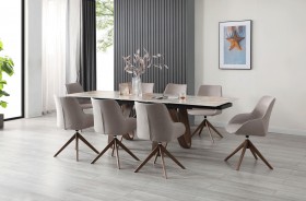 Contemporary Base Dining Table with Upholstered Matching Chairs