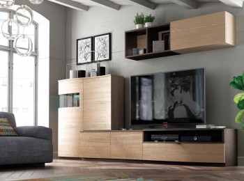 Natural Wood Color Wall Unit with Entertainment Center
