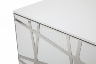 Elegant White TV Stand with Polished Stainless Steel Accents