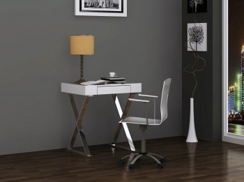 Elegant High Gloss White Office Desk with Stainless Steel Base