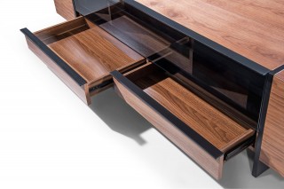 Walnut Wood Contemporary TV Stand with Drawer and Side Compartents