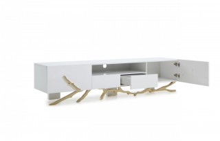 Modern White TV Stand with Champagne Gold Stainless Steel Base