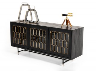 Modern Black Acacia Buffet with Antique Brass Accents