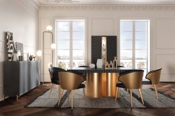 Extendable Rectangular Wood and Leather Modern Table with Chairs