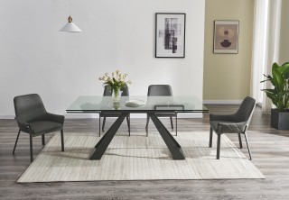 Elegant Rectangular Clear Glass Top Leather Dining Table and Chair Sets