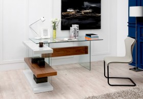 Glass Desk in White and Walnut with a Shelving Unit