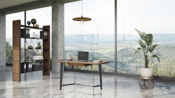 Modern Walnut Desk with Black Glass Top and Metal Base Modern Walnut Desk with Black Glass Top and Metal Base