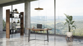 Modern Walnut Desk with Black Glass Top and Metal Base