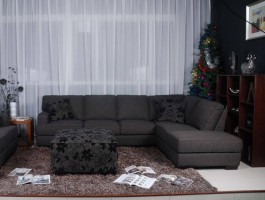 Dark Grey Fabric Sectional Sofa with Floral Print Throw Pillow