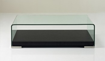 Clear Tempered Glass Coffee Table with Dark Oak Wood Base