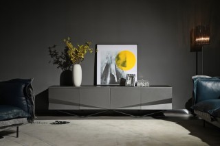 Modern Matte Grey TV Stand with Black Powder-Coated Metal Legs