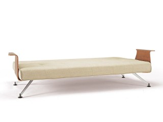 Khaki Sofa Bed Convertible with Walnut Arms and Chrome Legs