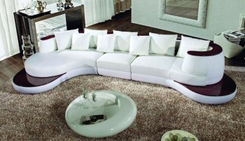 White Bonded Leather Sectional Sofa with Wooden Accents