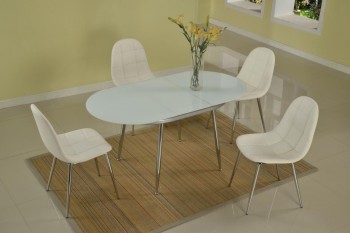 Extendable Oval Frosted Glass Top Modern Dinner Table Set