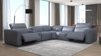 Grey Italian Leather Tufted Sectional with Recliner Mechanism