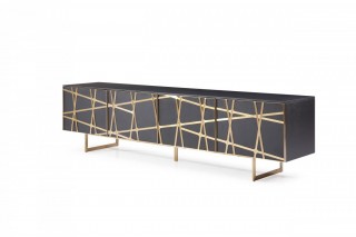 Modern Black Oak TV Stand with Champagne Gold Stripes