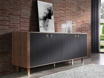 Modern Walnut Buffet with Uniquely Designed Matte Grey Doors Modern Walnut Buffet with Uniquely Designed Matte Grey Doors
