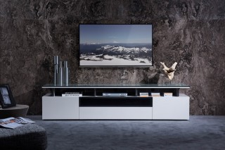 Grey Lacquer Living Room TV Stand with Glass Top