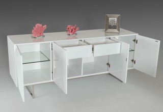 Spacious White High Gloss Buffet with Stainless Steel Legs