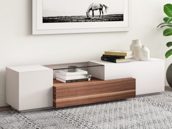 Contemporary Wooden TV Stand in White Lacquer and Walnut