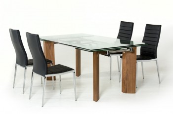 Modern Glass Top Extendible Dining Table with Wooden Legs