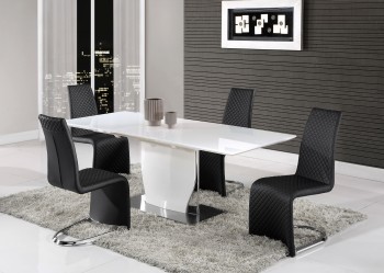 Elegant White Gloss and Chrome Dining Table with Tufted Leather Black Chairs