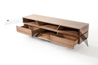 Contemporary Walnut TV Stand with Smoked Glass Doors