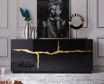 Elite High Gloss Black Buffet with Champagne Gold Accents