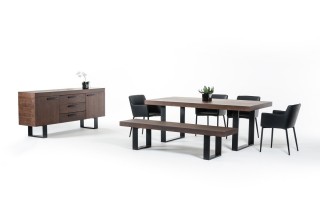 Classic Walnut Veneer and Black Metal Base Dining Table