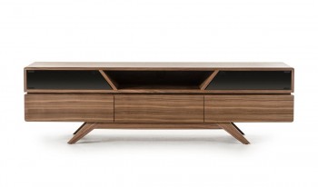Contemporary Walnut TV Stand with Smoked Glass Doors
