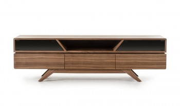 Contemporary Walnut TV Stand with Smoked Glass Doors