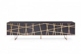 Modern Black Oak TV Stand with Champagne Gold Stripes