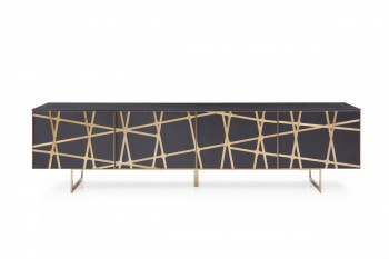 Modern Black Oak TV Stand with Champagne Gold Stripes Modern Black Oak TV Stand with Champagne Gold Stripes