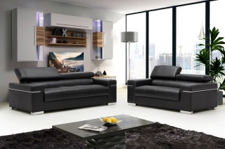 Contemporary Grey Italian Leather Sofa Set with Adjustable Headrest