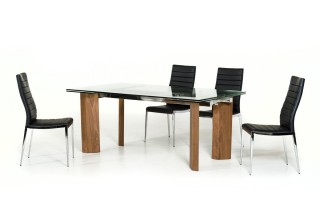 Modern Glass Top Extendible Dining Table with Wooden Legs