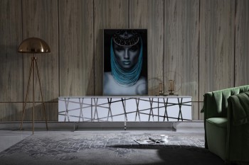 Elegant White TV Stand with Polished Stainless Steel Accents Elegant White TV Stand with Polished Stainless Steel Accents