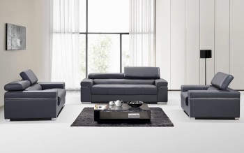 Contemporary Grey Italian Leather Sofa Set with Adjustable Headrest Contemporary Grey Italian Leather Sofa Set with Adjustable Headrest
