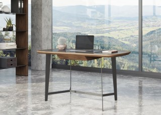 Modern Walnut Desk with Black Glass Top and Metal Base