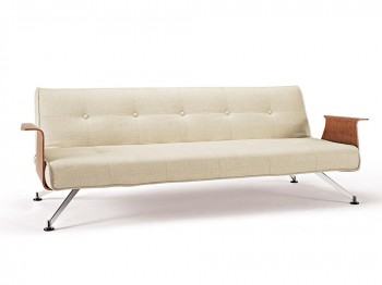 Khaki Sofa Bed Convertible with Walnut Arms and Chrome Legs