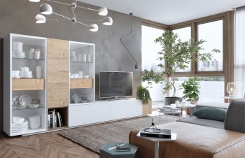 Elegant White Wall Unit with Glass Shelves