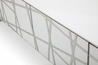 Elegant White TV Stand with Polished Stainless Steel Accents