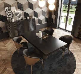 Extendable Rectangular Wood and Leather Modern Table with Chairs