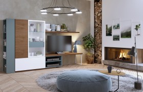 Modern Wall Unit with Blue White and Natural Wood Colors