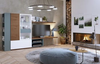 Modern Wall Unit with Blue White and Natural Wood Colors Modern Wall Unit with Blue White and Natural Wood Colors