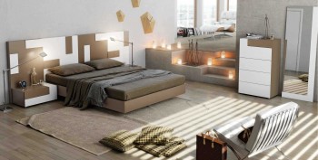 Wood Platform and Headboard Bed in White and Brown Wood Platform and Headboard Bed in White and Brown