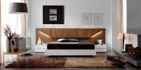 Lacquered Made in Spain Wood Platform and Headboard Bed