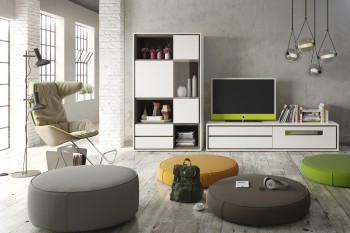 Matte White and Walnut Stone Wood Wall Unit